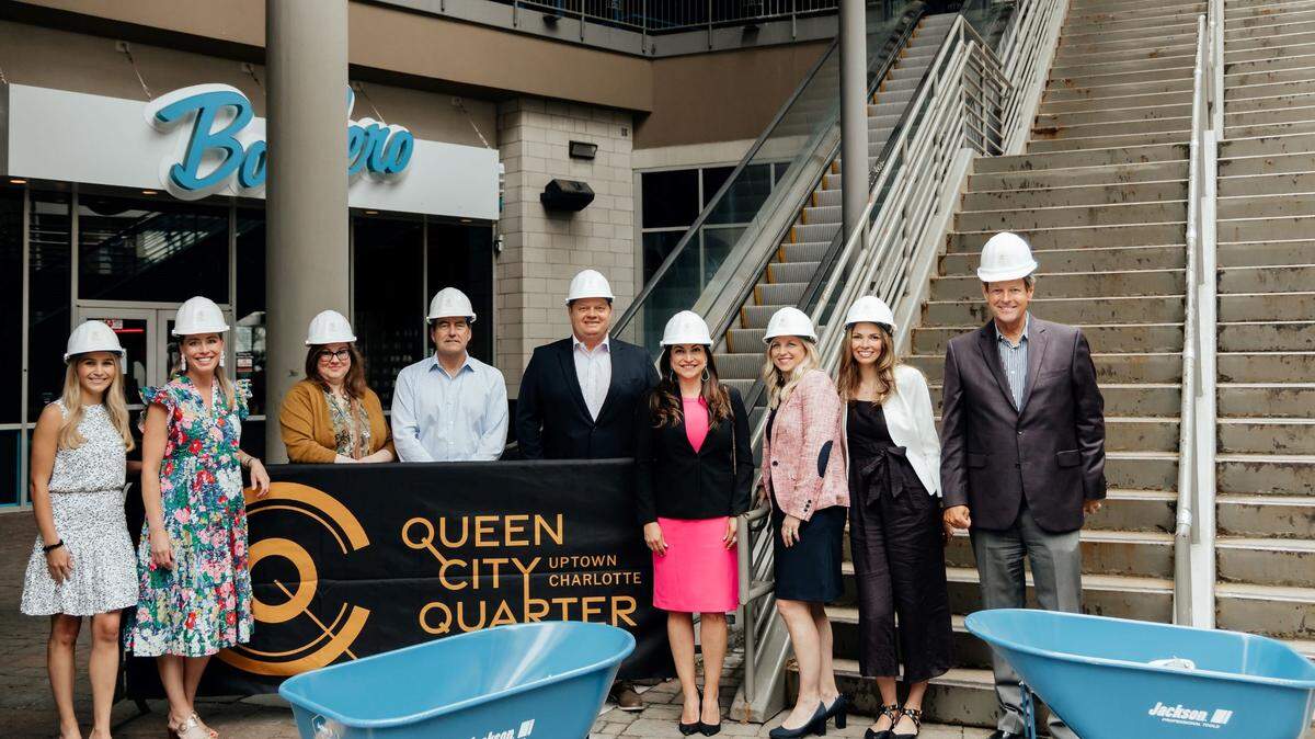 On May 19, CBRE celebrated the official start of renovations at the rebranded Queen City Quarter in uptown Charlotte. From left, CBRE’s Addison Stratton, Katherine Southard, Meredith Wiggins, Kivett Williams, Jade Eastridge, Sabrina Jones, Samantha Hall, Kaitlyn Fitch and Compie Newman.