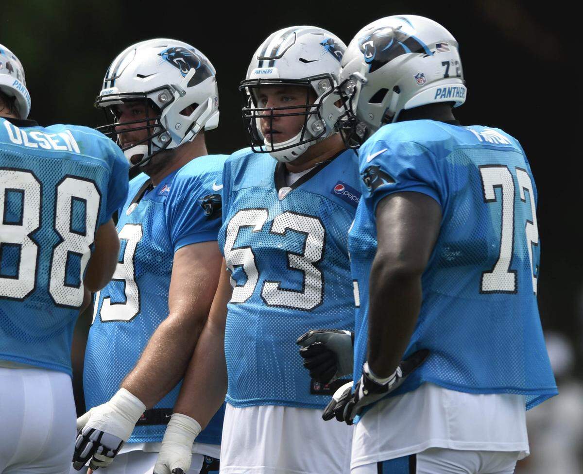 Carolina Panthers offensive guard Brendan Mahon (63) and offensive tackle Taylor Moton (72) will both make their first NFL starts in Thursday’s NFL preseason game against the Bills in Buffalo.