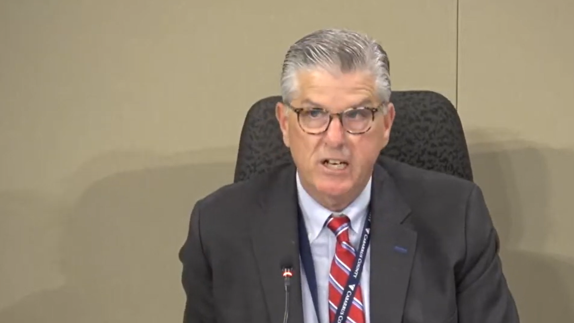 In this screenshot, former Cabarrus County Manager Mike Downs presents his budget on May 20, 2024. Downs is suing the county for unpaid severance after his termination in January.