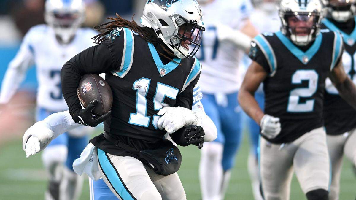 Carolina Panthers wide receiver Laviska Shenault Jr., rushes for yardage following a pass reception against the Detroit Lions during fourth quarter action at Bank of America Stadium on Saturday, December 24, 2022 in Charlotte, NC. The Panthers defeated the Lions 37-23.