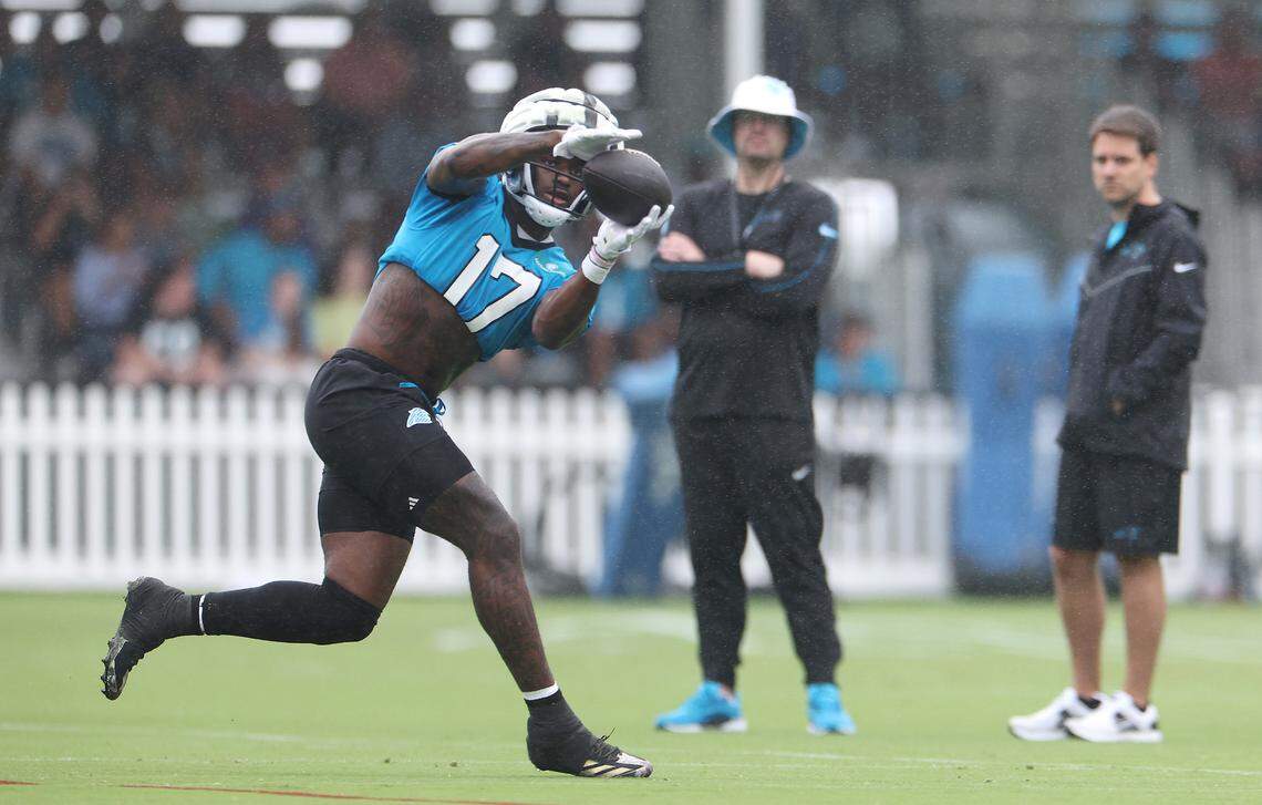 Carolina Panthers wide receiver Xavier Legette catches a pass during practice on Thursday, July 25, 2024.