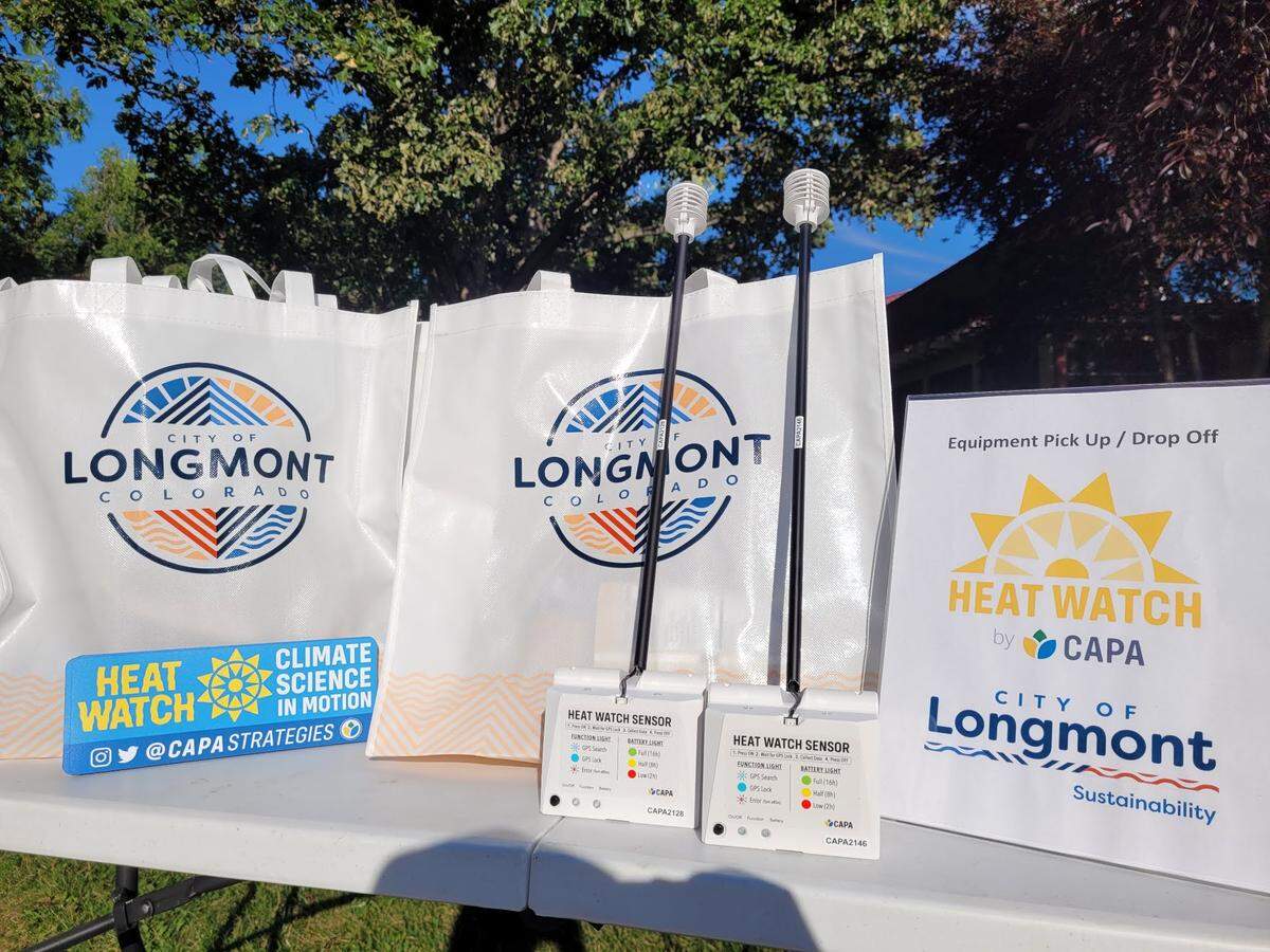 Heat sensors sit on a table during Longmont, Colorado’s heat mapping campaign. Several cities participate in NOAA’s project each year.