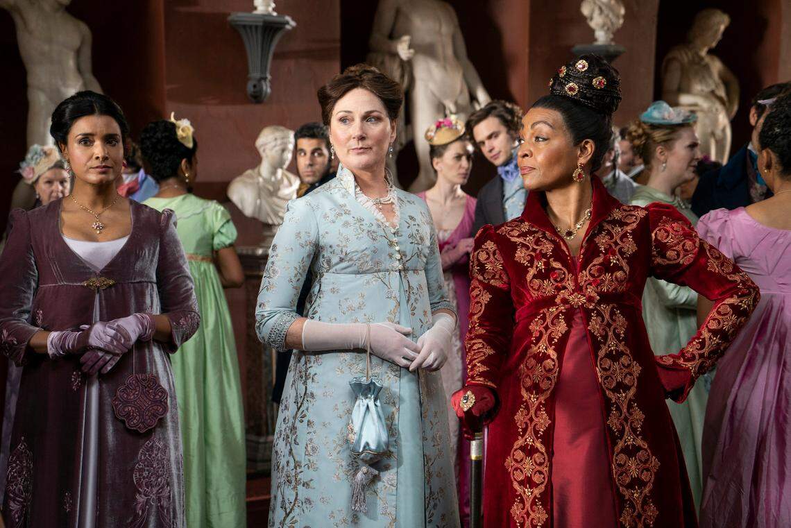Shelley Conn as Mary Sharma, Ruth Gemmell as Lady Violet Bridgerton, Adjoa Andoh as Lady Danbury in “Bridgerton” on Netflix.