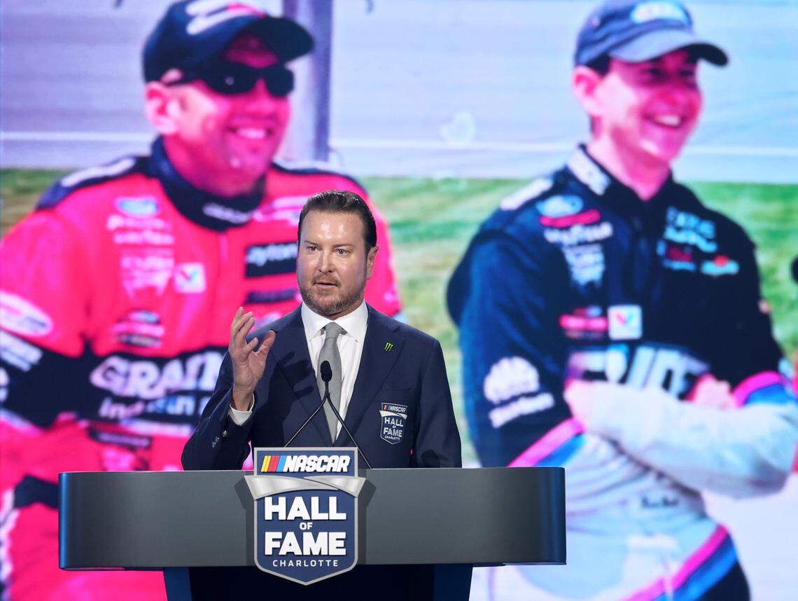 Former NASCAR driver Kurt Busch mentions his friendship with driver Greg Biffle during his NASCAR Hall of Fame Induction speech at the Charlotte Convention Center in Charlotte, NC on Friday, January 23, 2026. 