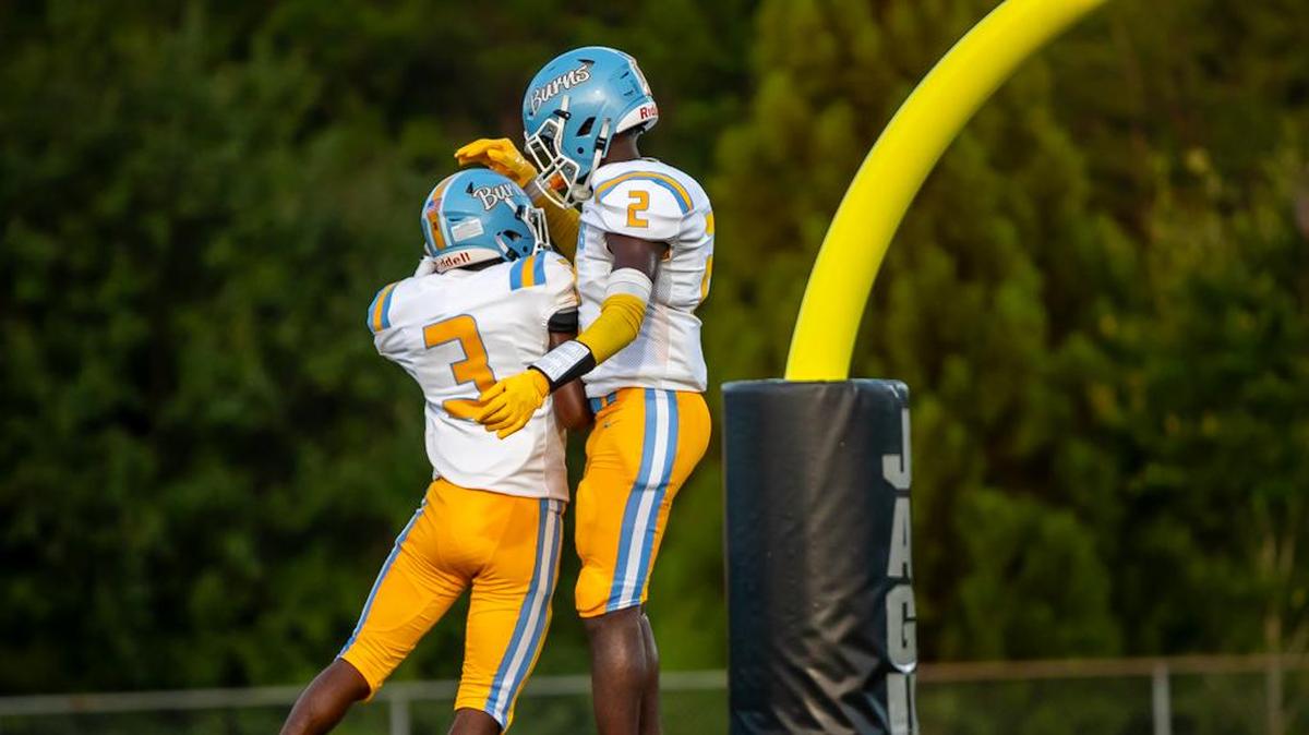Burns celebrates their first touchdown of the night against the Forestview Jaguars