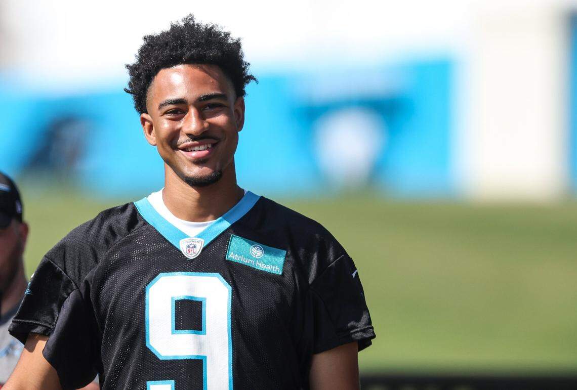 Carolina Panthers QB Bryce Young arrives to Panthers Training Camp at Wofford College in Spartanburg, SC., on Wednesday, July 26, 2023.