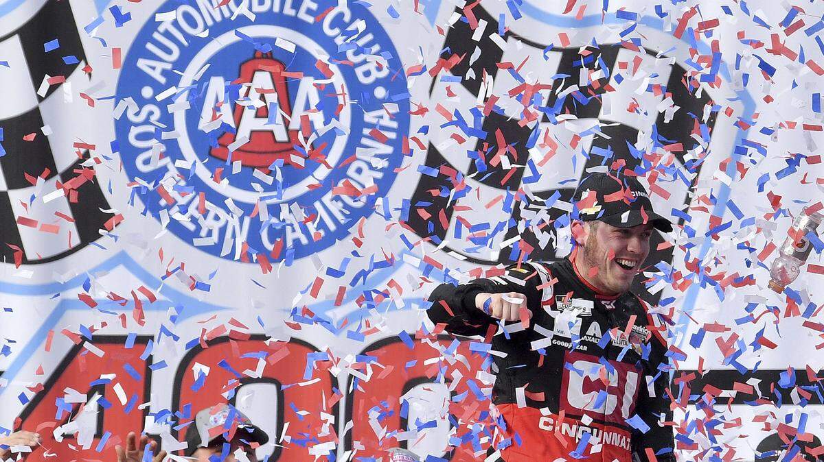 Alex Bowman celebrates after winning a NASCAR Cup Series auto race Sunday, March 1, 2020, in Fontana, Calif. (AP Photo/Will Lester)