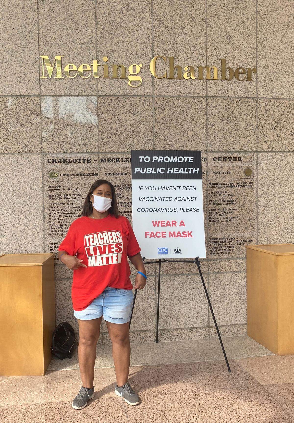 Former teacher Dawne Cornelius attended the Charlotte-Mecklenburg school meeting on Friday, July 30, 2021, in support of a mask-mandate.
