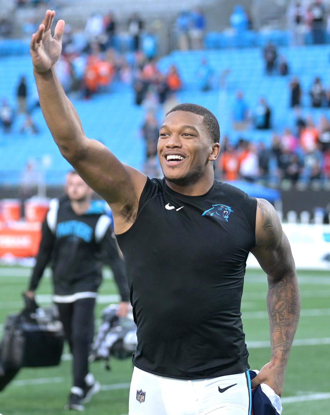 Carolina Panthers wide receiver DJ Moore waves to the stands after blowing kisses following the team’s 23-10 victory over the Denver Broncos on Sunday, November 27, 2022 at Bank of America Stadium in Charlotte, NC.