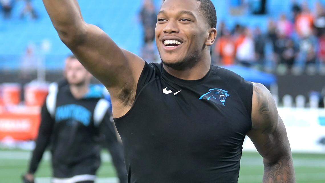 Carolina Panthers wide receiver DJ Moore waves to the stands after blowing kisses following the team’s 23-10 victory over the Denver Broncos on Sunday, November 27, 2022 at Bank of America Stadium in Charlotte, NC.