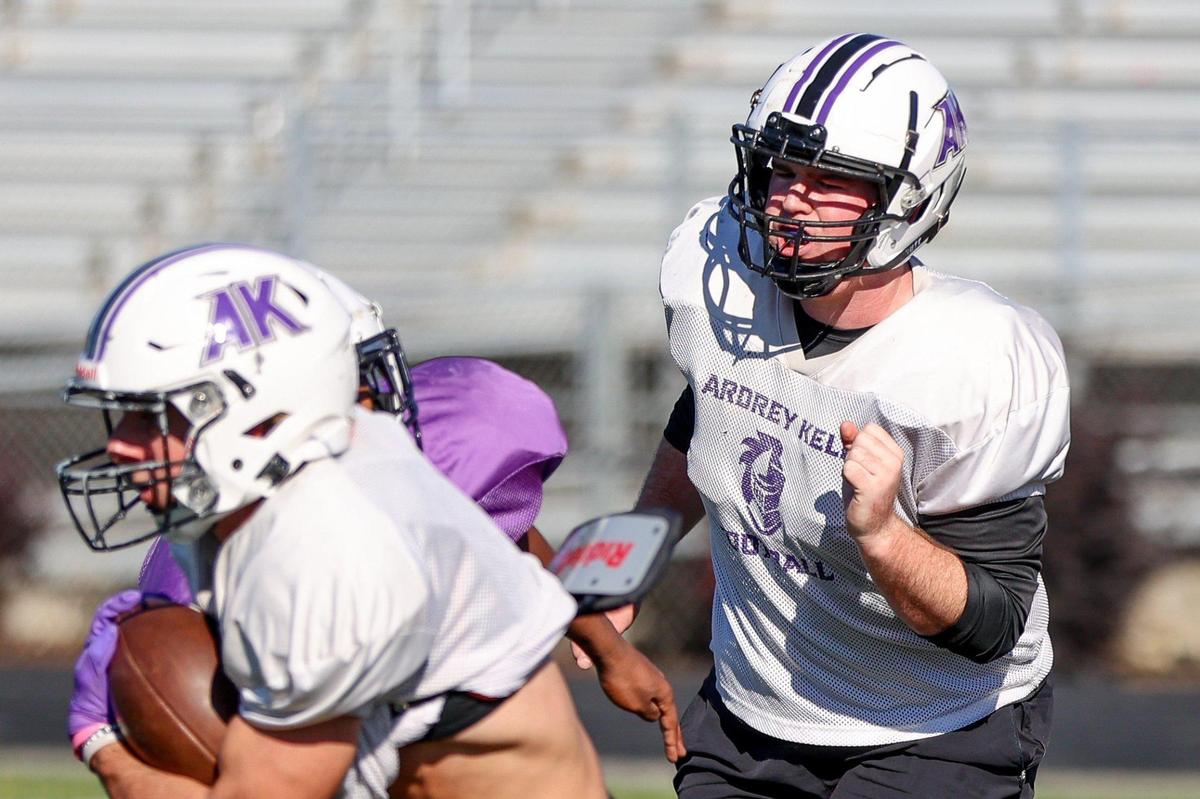 Jack Ludwick, a senior captain on the Ardrey Kell football team in action during practice at Ardrey Kell High School on October 25, 2023. On the field, Ludwick is a lineman, often finding himself in center as the snapper.