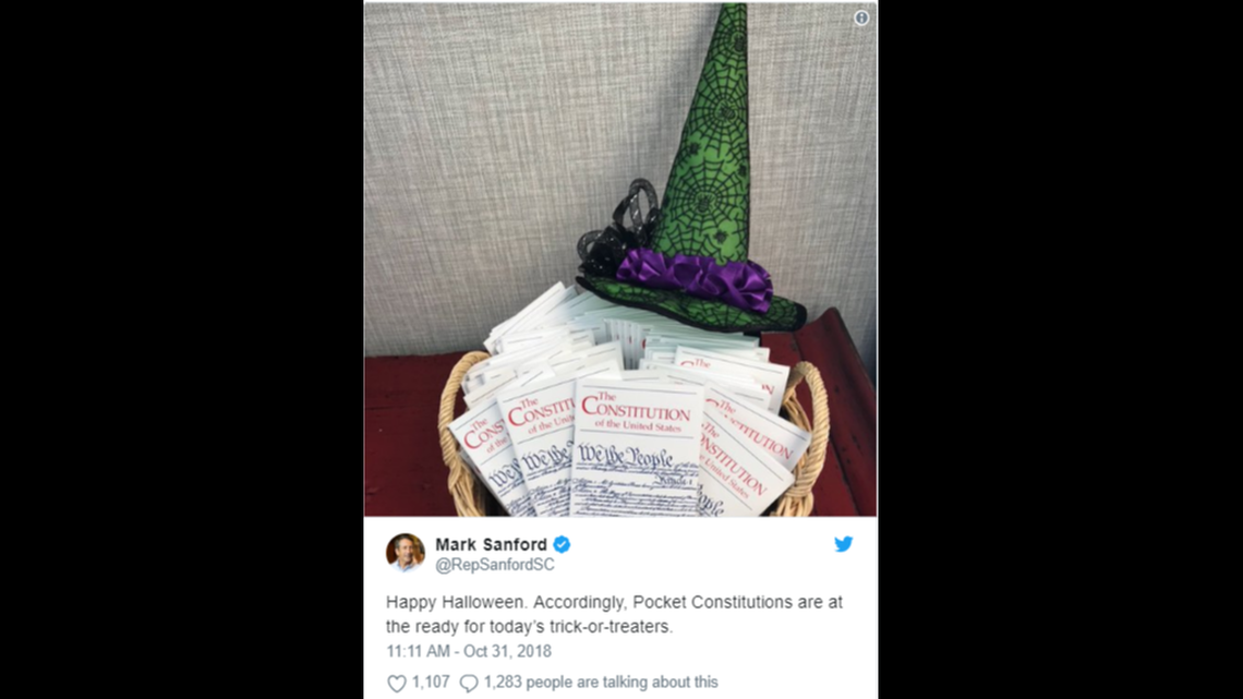 Guess what former South Carolina Gov. Mark Sanford is giving out to kids on Halloween.