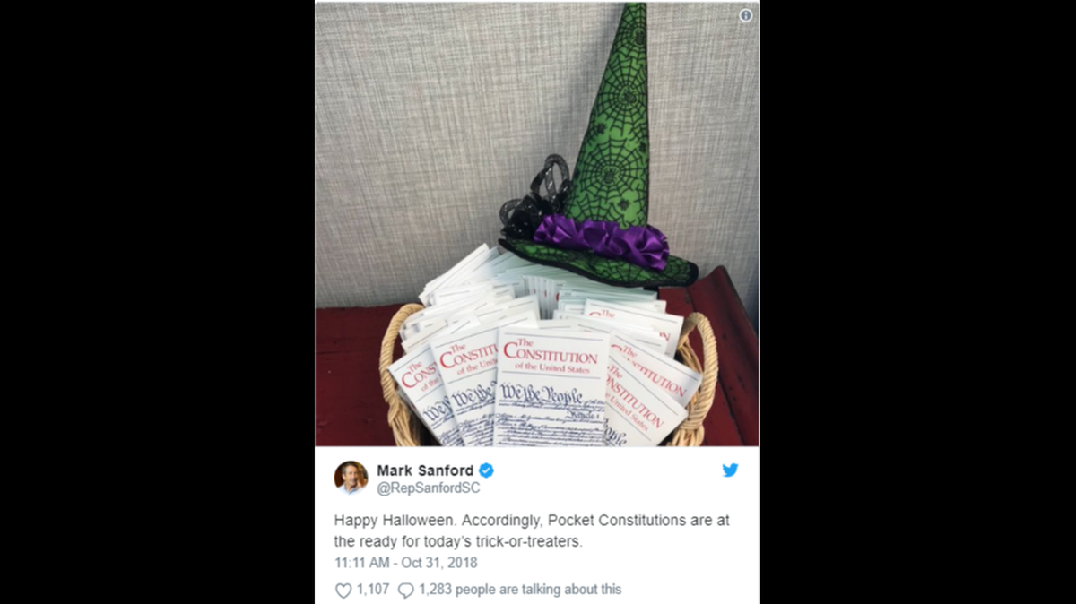 Guess what former South Carolina Gov. Mark Sanford is giving out to kids on Halloween.