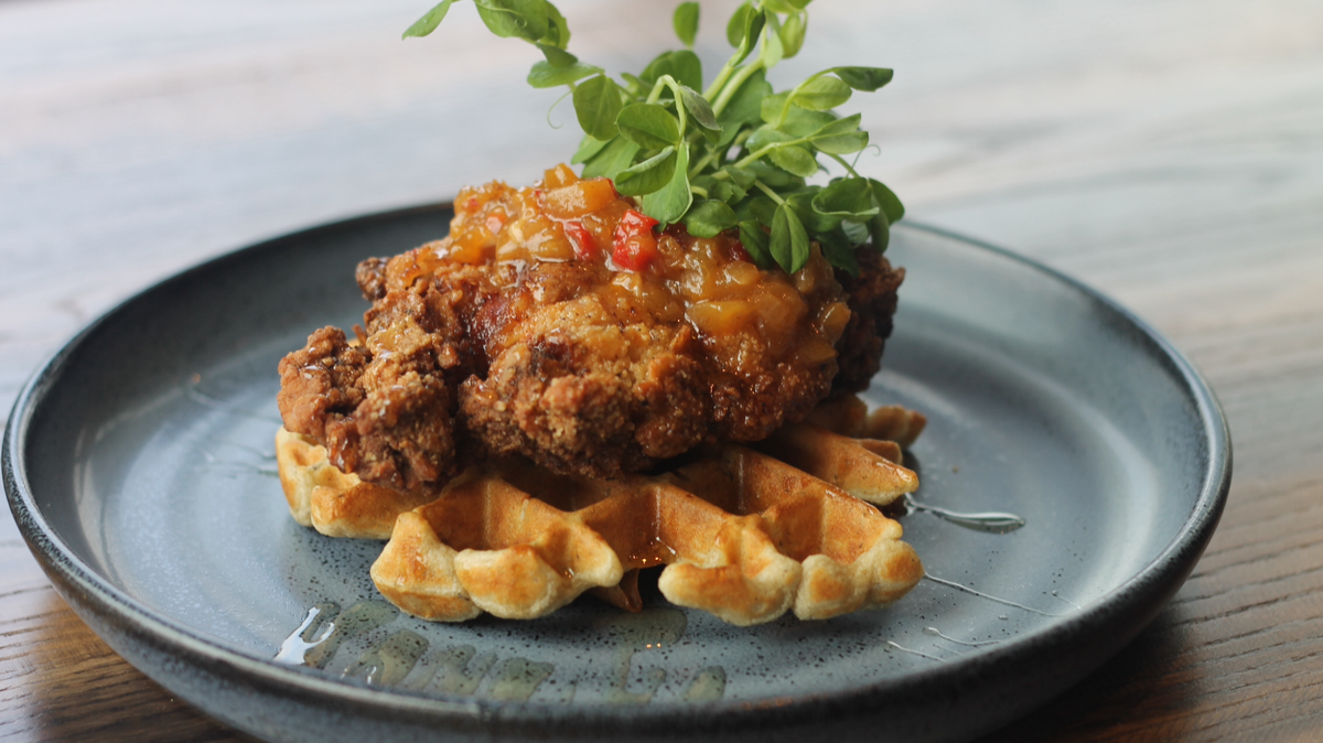 Hungry for brunch? The Golden Owl Tavern’s Buttermilk Fried Chicken & Waffles features chicken thighs, peach chili chutney and honey atop a buckwheat waffle ($16).