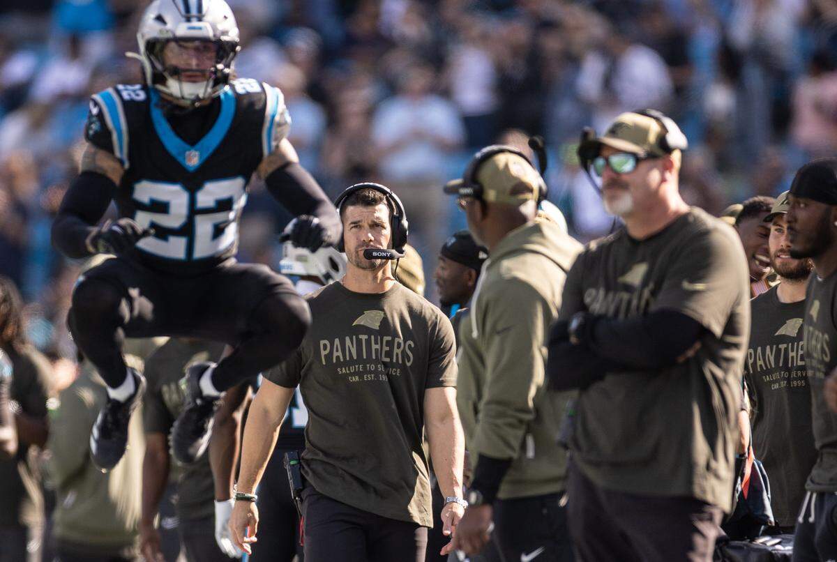 Carolina Panthers coach Dave Canales watches on the sideline at Bank of America Stadium in Charlotte, N.C., on Sunday, November 9, 2025.
