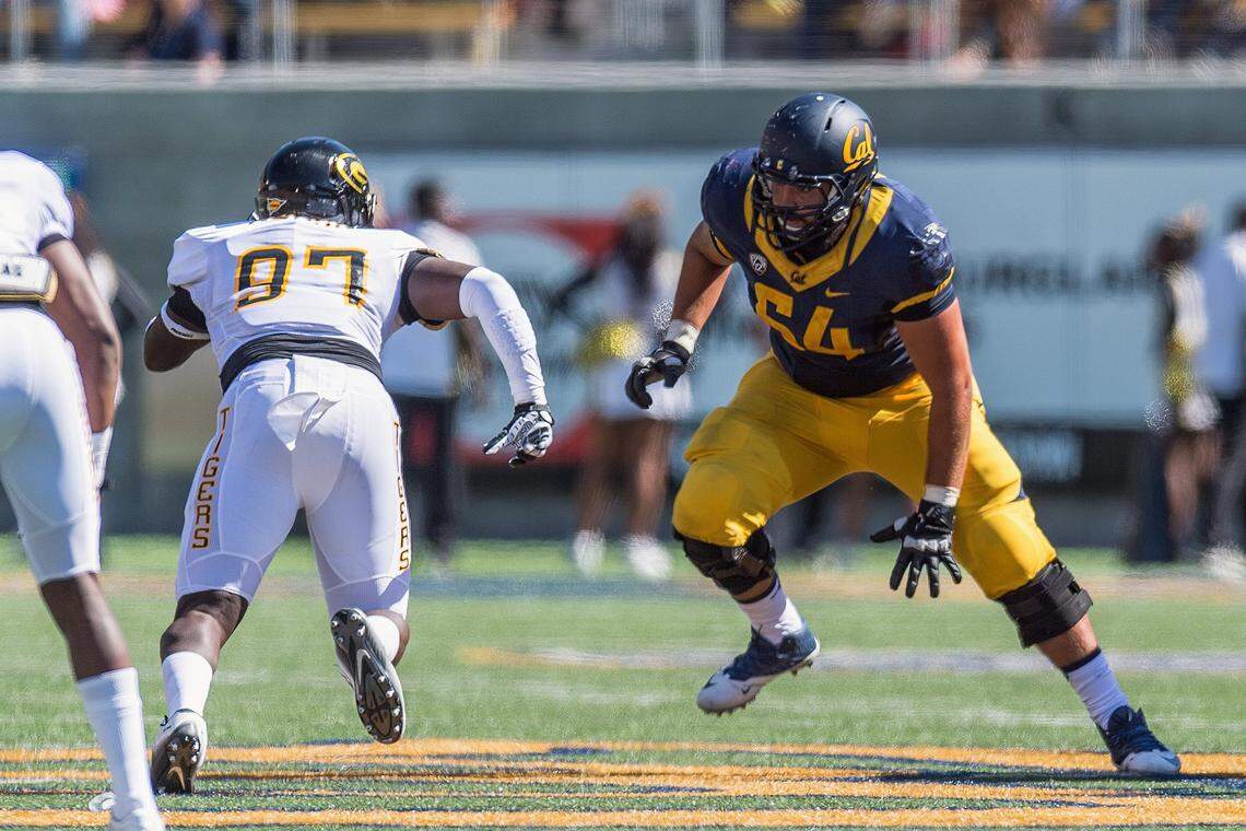 Former Grambling offensive lineman David Moore blocking against Cal.