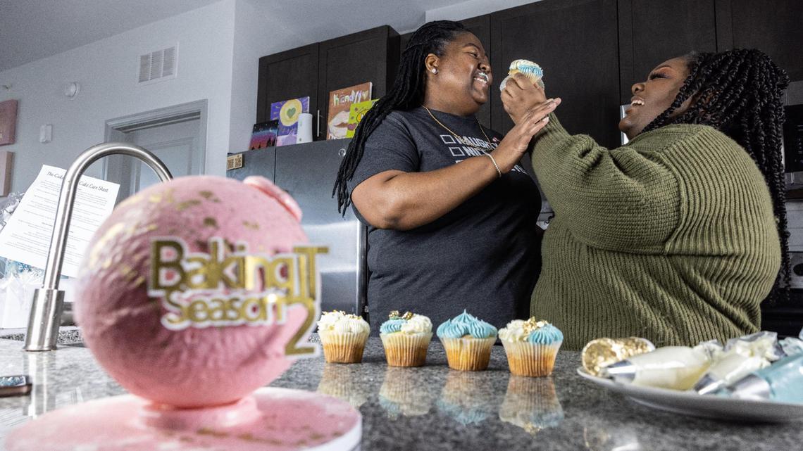 Sevn Strickland, right, and her partner Kandyy Pittman, who moved to NC with a total of $800 to their names, will appear on Season 2 of the Peacock streaming service’s reality series “Baking It.”