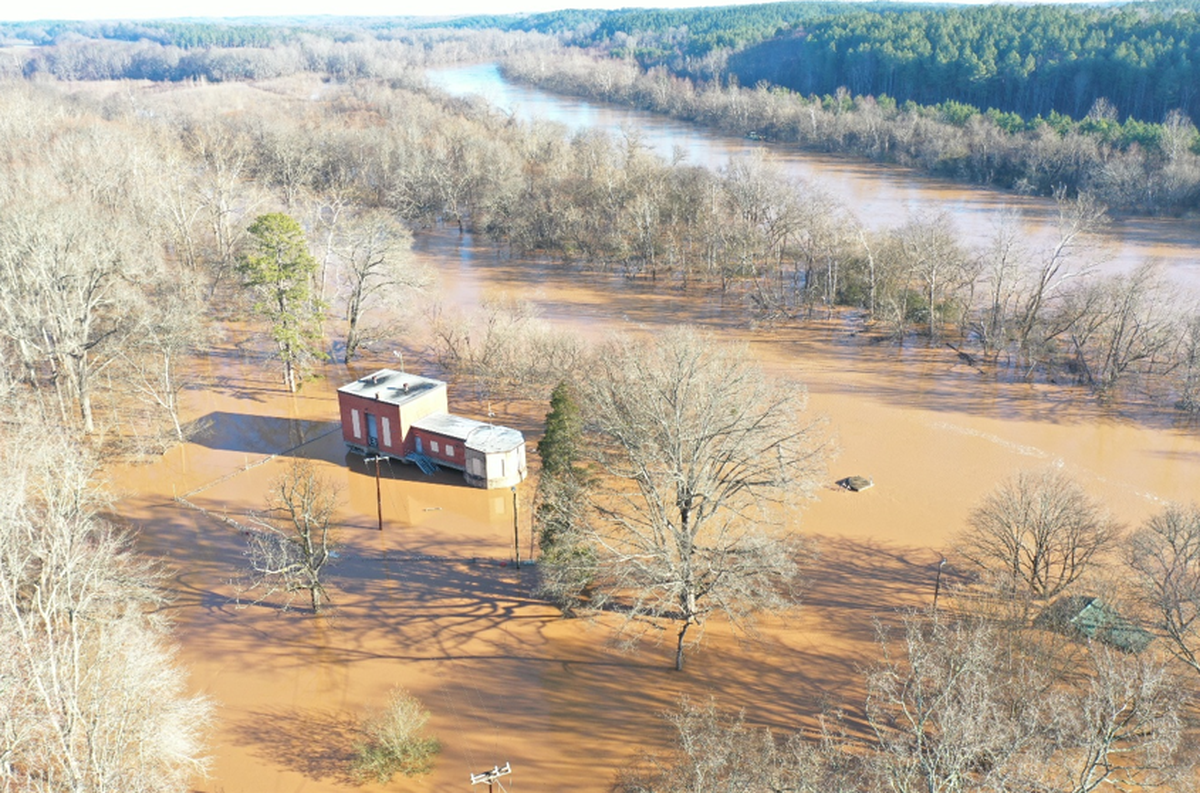 A Salisbury-Rowan Utilities raw water pump station on the Yadkin River is cut off by rising waters during a flood in 2023. Salisbury is likely losing a federal grant to move the station to safer area due to the Trump administration ending a FEMA program.