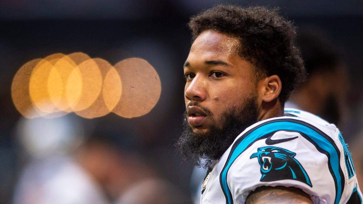 Panthers safety Kenny Robinson watches the game from the sideline during the game against the Falcons at Mercedes-Benz Stadium on Sunday, October 31, 2021 in Atlanta, GA.