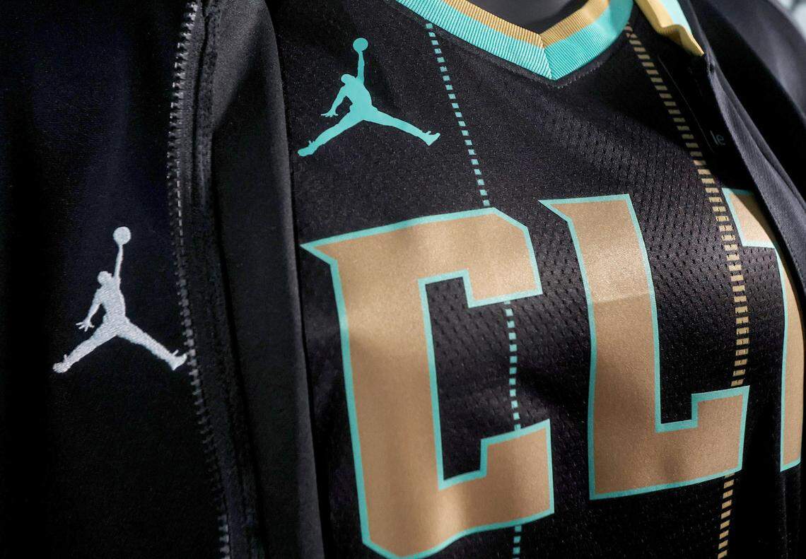 A detail of the newly released design for the Hornets’ team uniform design on Thursday, November 10, 2022. The City Edition gear features the abbreviation of Charlotte’s airport code.