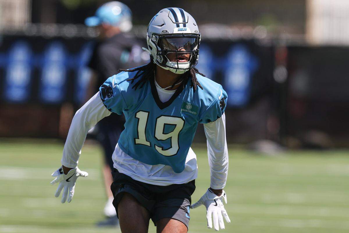 Wide receiver Chris Brazzell takes part in Carolina Panthers rookie minicamp on Friday, May 8, 2026.