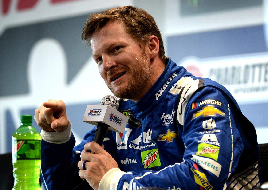NASCAR driver Dale Earnhardt Jr. answers a reporter's question during a media session at Charlotte Motor Speedway on Thursday, May 25, 2017 in Concord, NC.