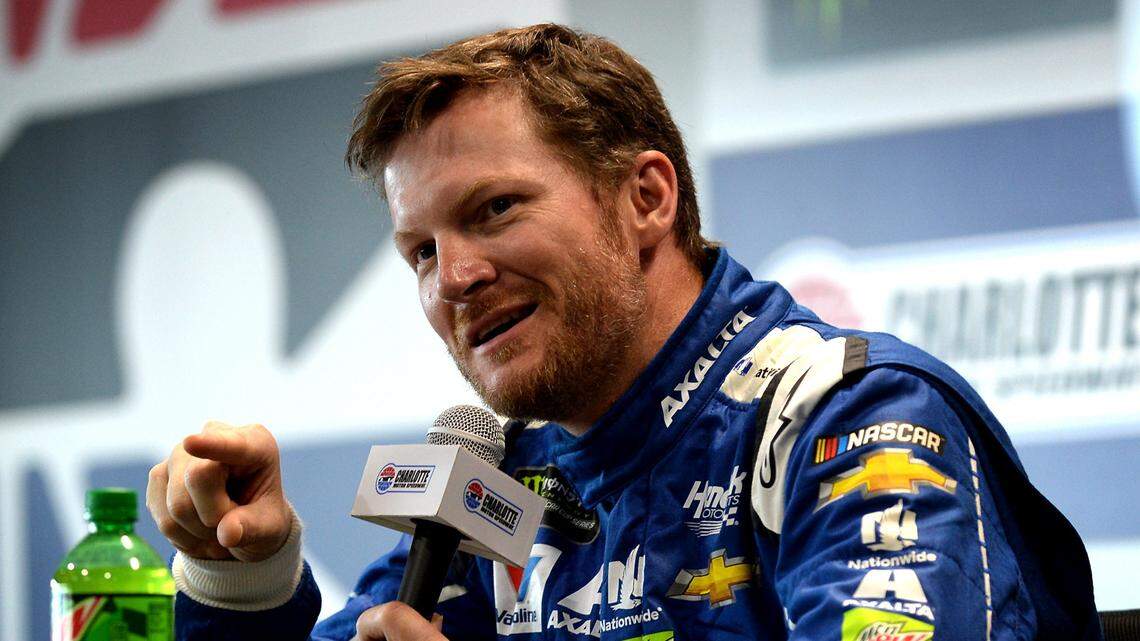 NASCAR driver Dale Earnhardt Jr. answers a reporter's question during a media session at Charlotte Motor Speedway on Thursday, May 25, 2017 in Concord, NC.