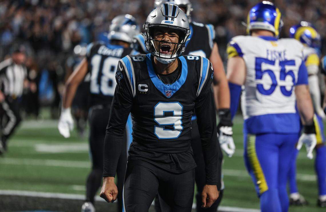 Panthers quarterback Bryce Young celebrates scoring a rushing touchdown during their playoff game against the Rams on Jan. 10, 2026, at Bank of America Stadium in Charlotte.
