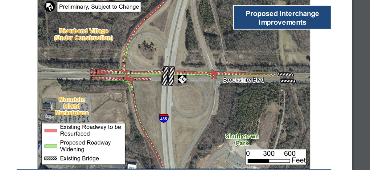 This 2018 NCDOT map shows where improvements are planned at the I-485/N.C. 16 (Brookshire Boulevard) interchange in northwest Charlotte.