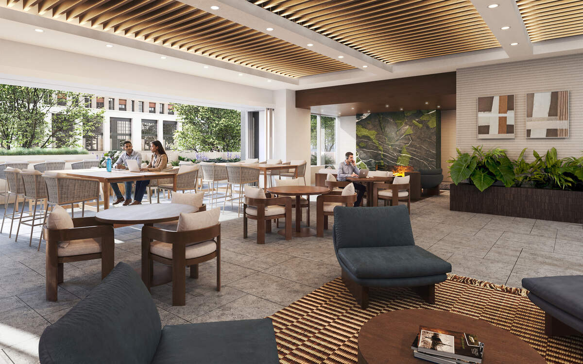 A rendering of an indoor/outdoor lounge area inside 440 S. Church St. The uptown tower is undergoing a $20 million renovation.