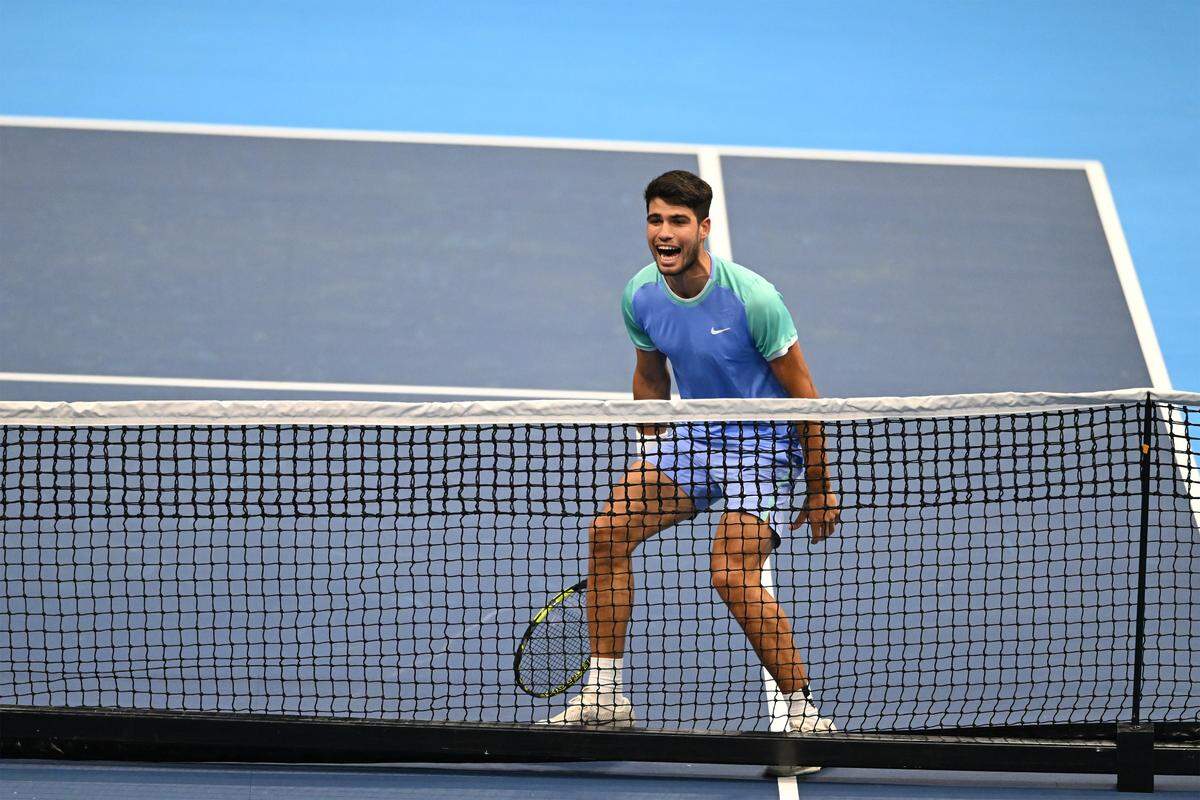 Dec. 6, 2024: Carlos Alcaraz reacts during his exhibition tennis match against Frances Tiafoe at the Charlotte Invitational. The night also featured an exhibition between women's players Madison Keys and Sloane Stephens and drew 16,194 fans.