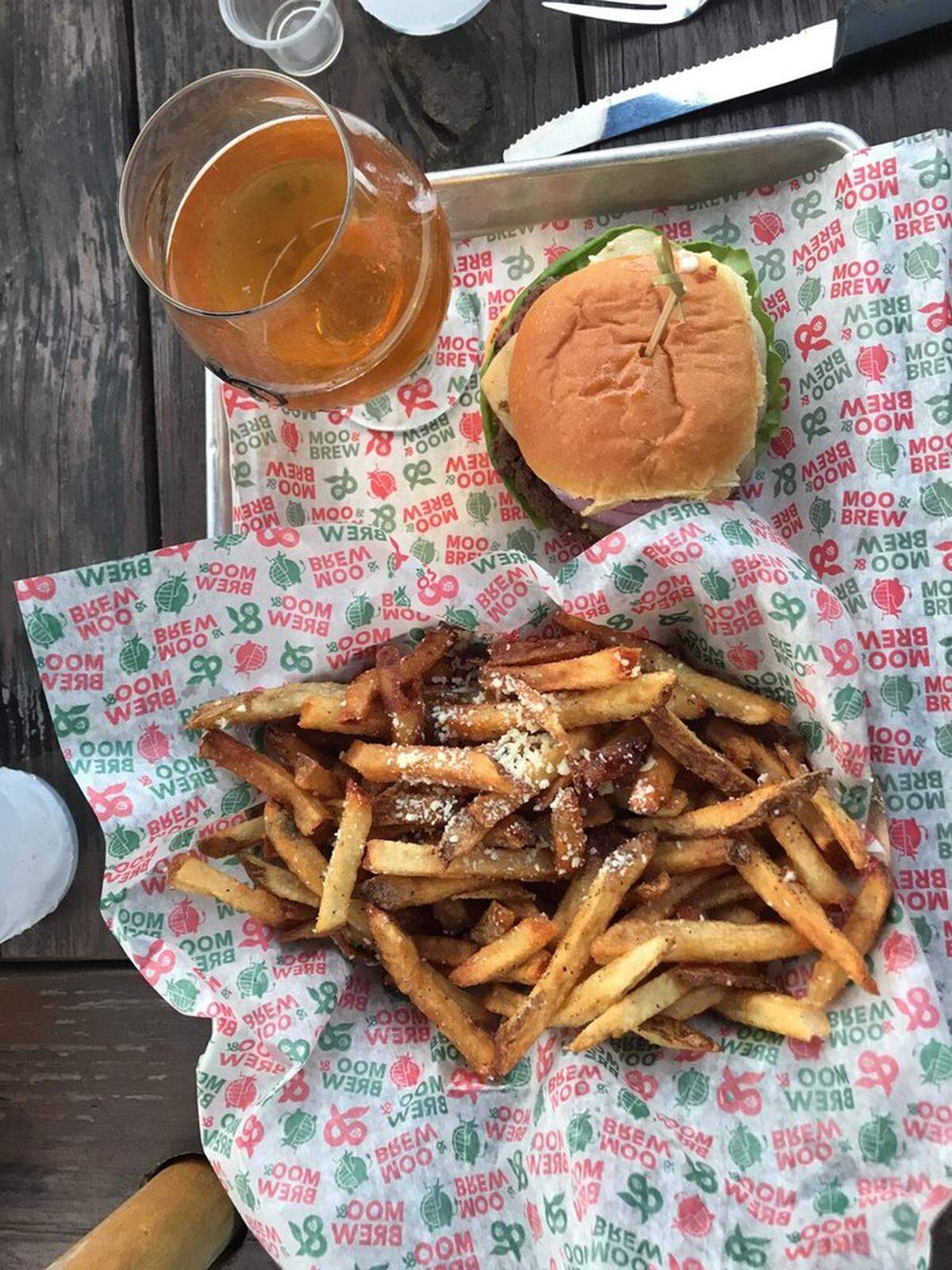 Burgers and fries at Moo & Brew.