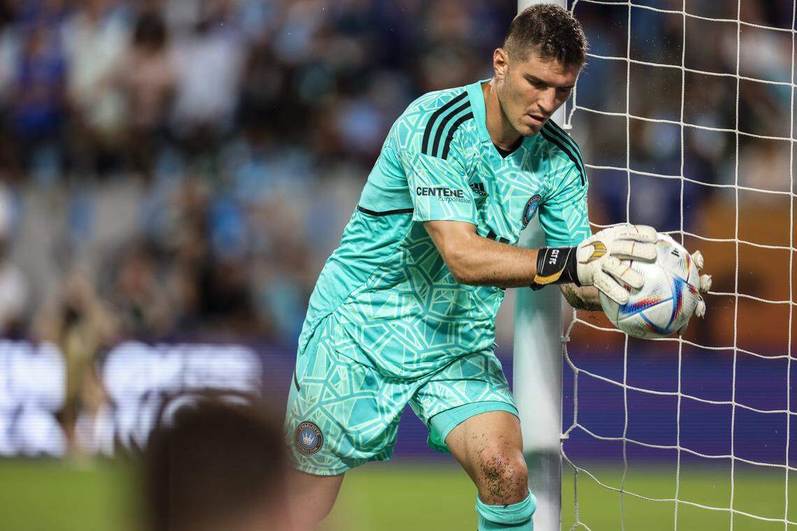 Charlotte FC goalkeeper Kristijan Kahlina catches the ball against Chelsea at the Bank of America Stadium in Charlotte, N.C., on Wednesday, July 20, 2022.
