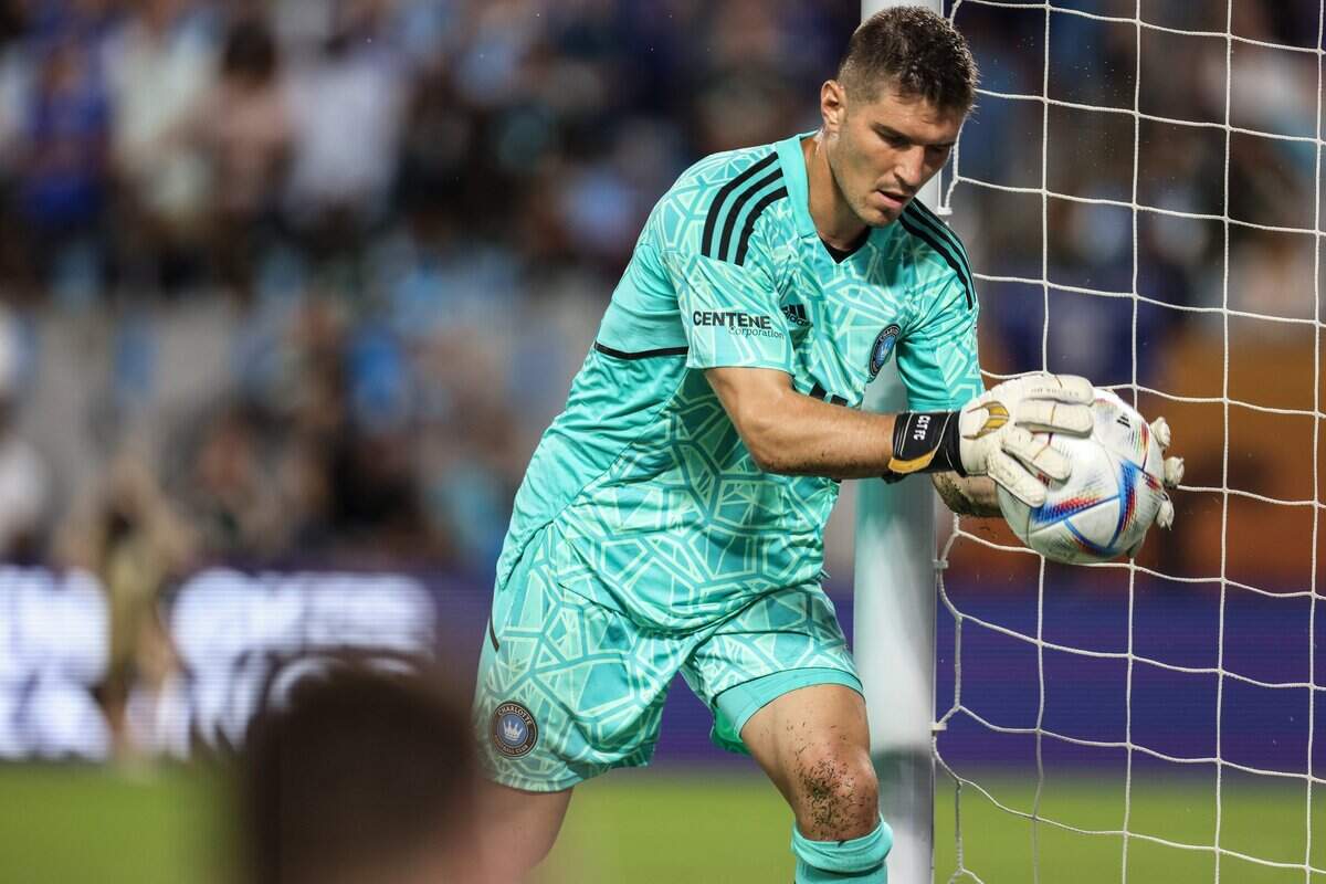 Charlotte FC goalkeeper Kristijan Kahlina catches the ball against Chelsea at the Bank of America Stadium in Charlotte, N.C., on Wednesday, July 20, 2022.