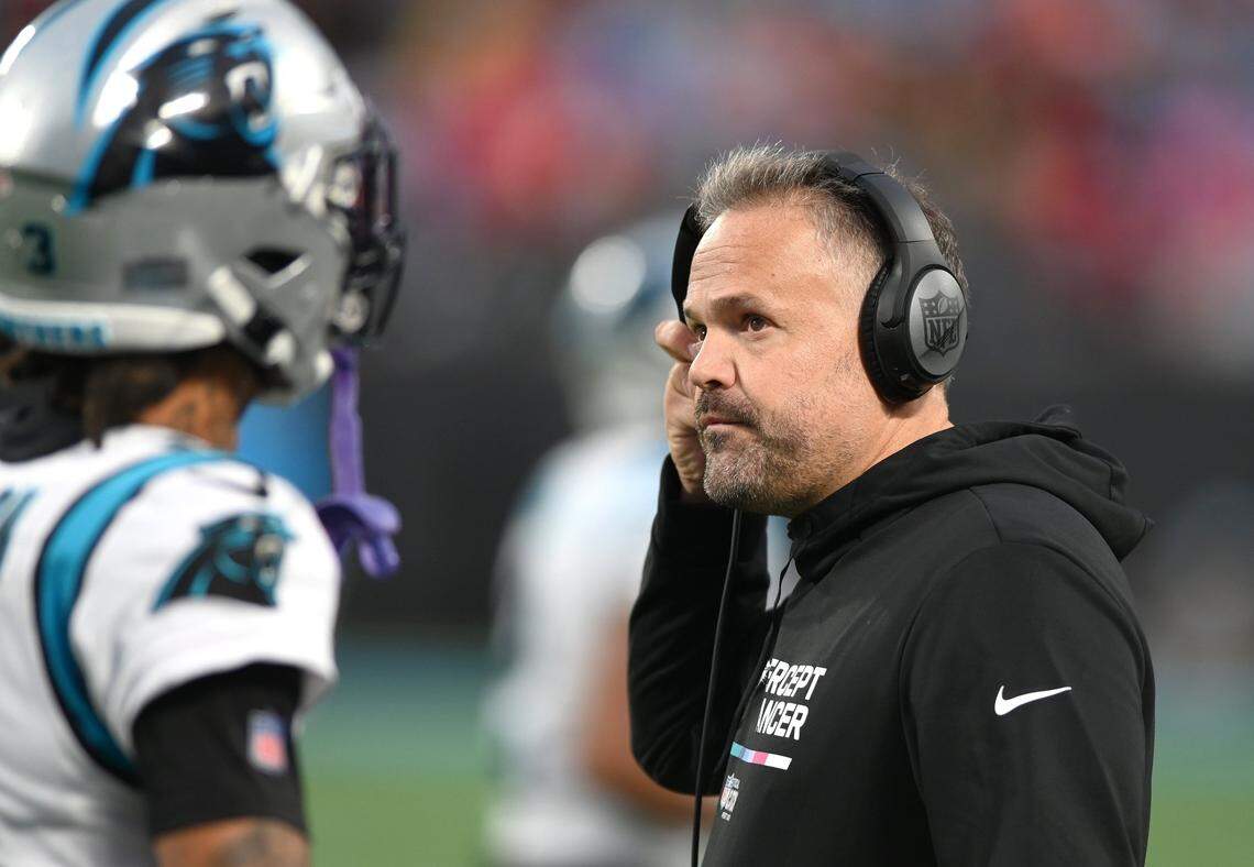 Carolina Panthers head coach Matt Rhule stares at the Jumbotron following a series against the San Francisco 49ers during second half action at Bank of America Stadium on Sunday, October 9, 2022. The 49ers defeated the Panthers 37-15.