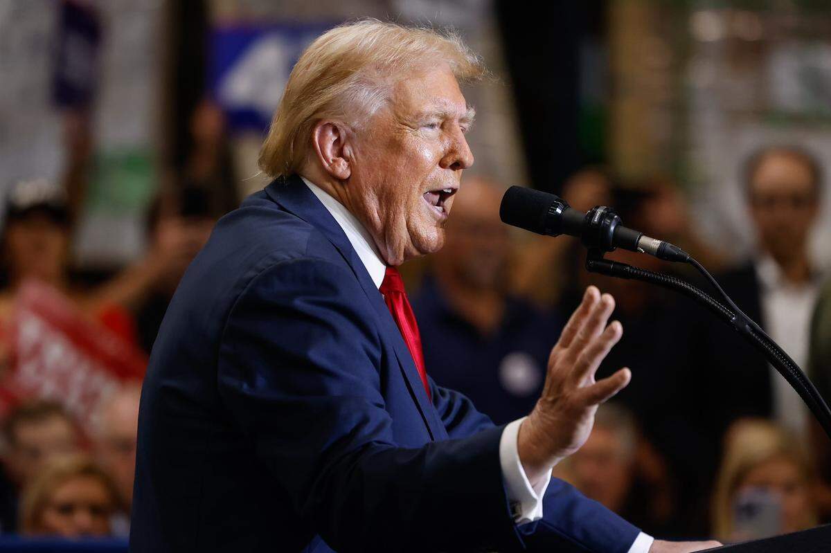 Former President Donald Trump speaks at a campaign rally inside the Mosack Group manufacturing warehouse in Mint Hill, NC on Wednesday, September 25, 2024.