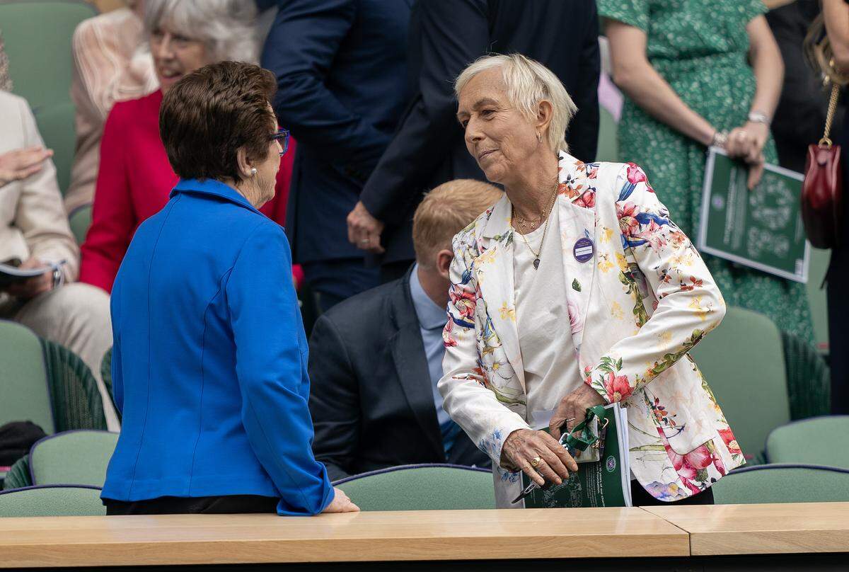 Jul 13, 2024; London, United Kingdom; Billie Jean King and Martina Navratilova in attendance for the Barbora Krejcikova of the Czech Republic and Jasmine Paolini of Italy (both not shown) women’s singles final on day 13 at All England Lawn Tennis and Croquet Club.