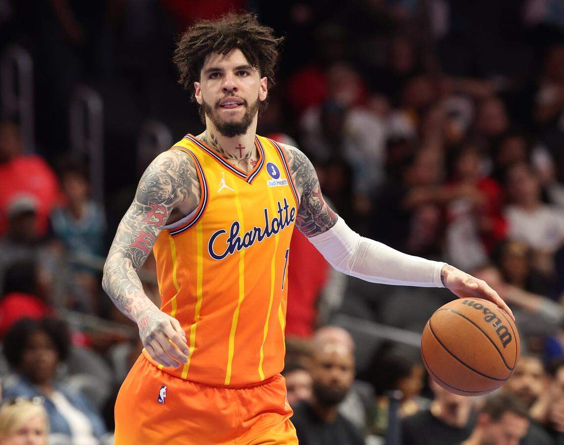 Charlotte Hornets guard LaMelo Ball brings the ball up during action against the Houston Rockets at Spectrum Center in Charlotte, North Carolina, on Feb. 19, 2026.
