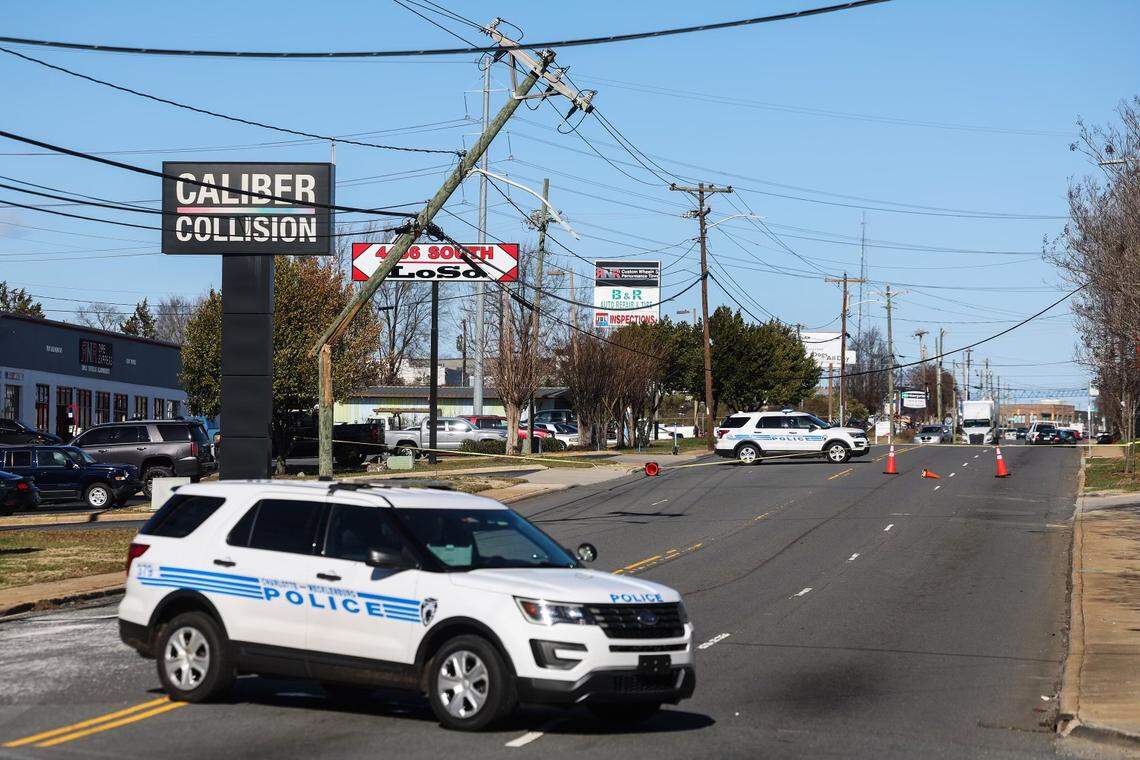 Duke Energy implemented rolling blackouts Saturday to offset the demand for heat during one of the coldest Christmases in NC in decades. Photo: South Boulevard was blocked after a telephone pole broke Friday morning, December 23, 2022.