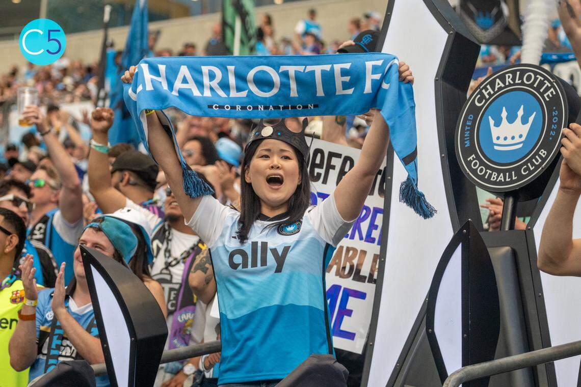 Fans cheer at Charlotte FC vs New England Revolution in April.