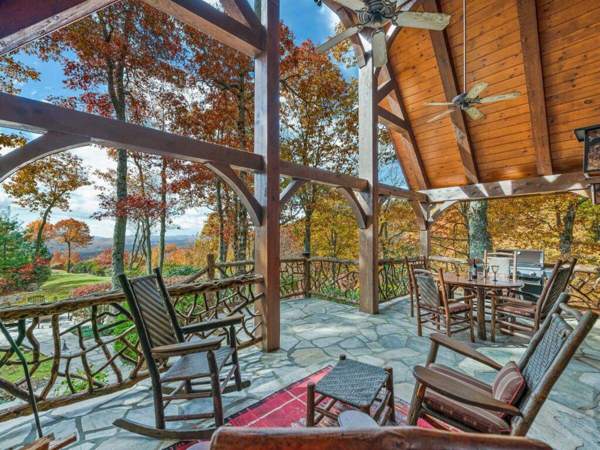 This patio on the Ridges of Steel Creek estate has expansive mountain views.
