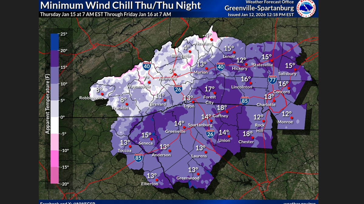 
Wind chills in the Charlotte area will be near 10 degrees, while the mountains will see single-digit wind chills as low as minus 4 degrees, the National Weather Service says.