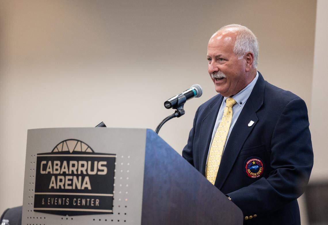 NCCA Executive Secretary Joe Franks speaks during an NCHSAA regional meeting at Cabarrus Arena in Concord, N.C., on Monday, September 15, 2025.