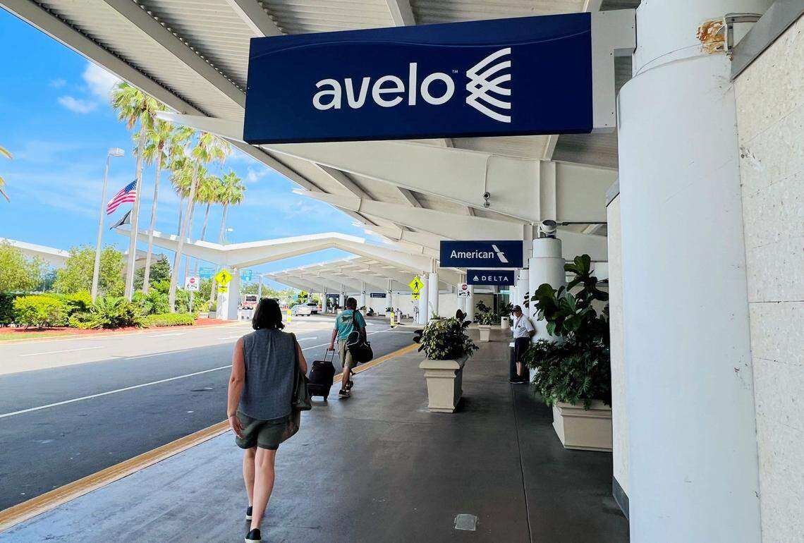A sign for Avelo Airlines can be seen in front of the passenger terminal at Daytona Beach International Airport on Thursday, Sept. 14, 2023.