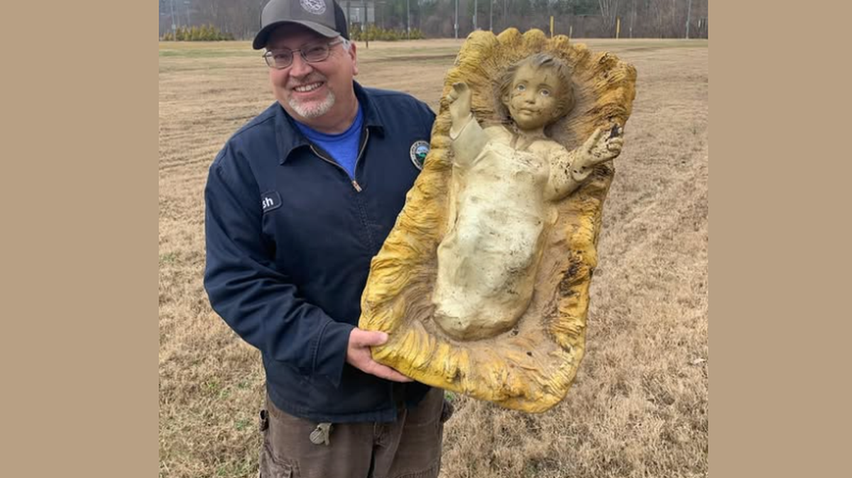 This Baby Jesus Nativity figure was discovered in a pile of debris 18 months after it was washed away by flooding during Hurricane Helene, Morganton official say.
