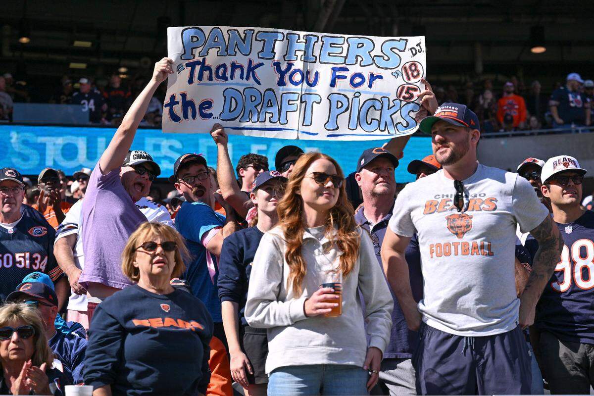 Chicago Bears fans hold a sign during the games against the Carolina Panthers on Sunday at Soldier Field.