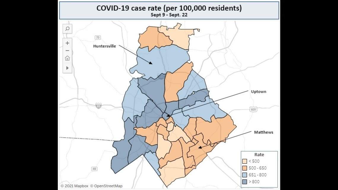 Uptown’s COVID rate drops but remains high. View Mecklenburg map of cases by ZIP code