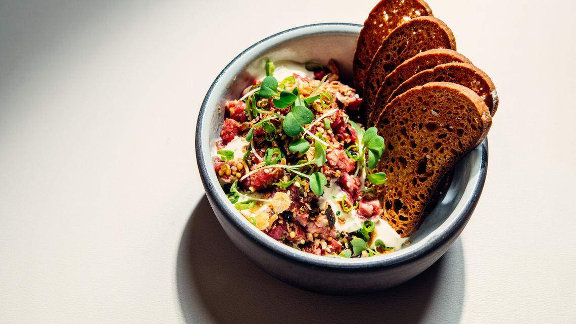 Chef Ryan Trahan’s tartare, which he prepares at Vestal Restaurant in Lafayette, La.