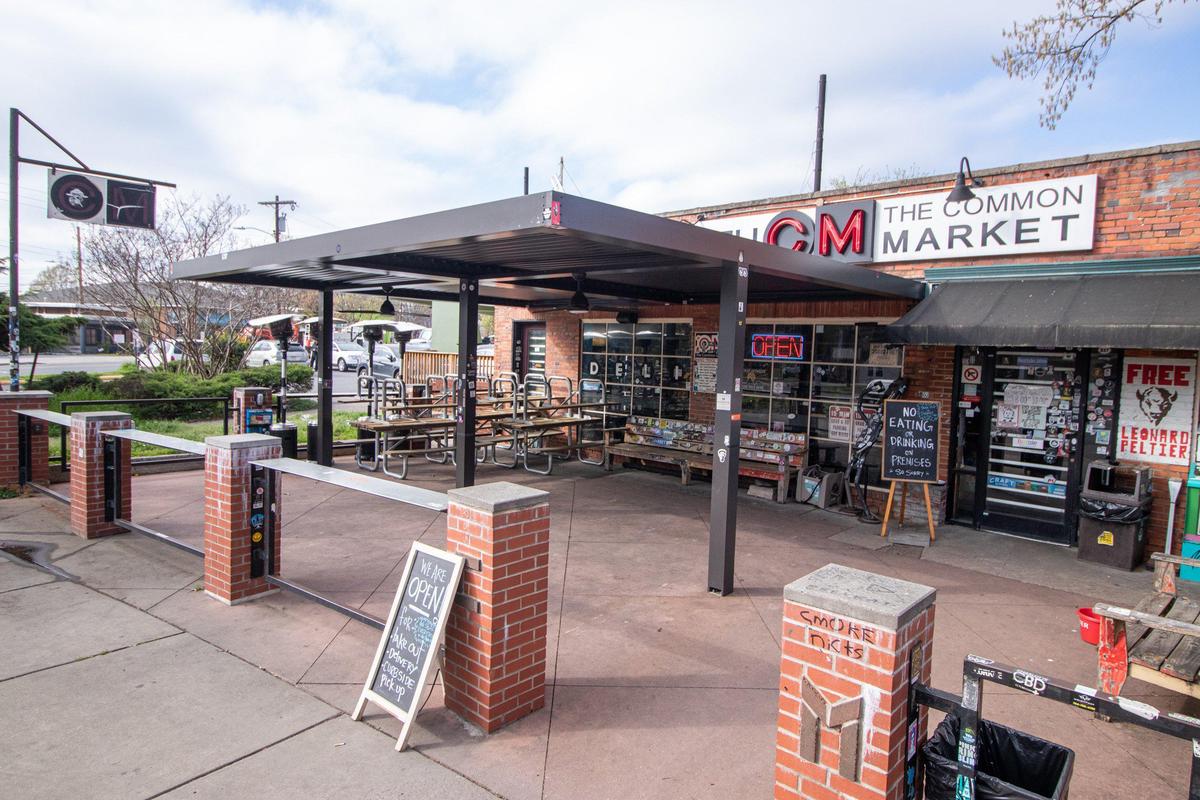 The Common Market front patio normally would normally be a hot spot for socializing but instead is empty during the COVID-19 pandemic.