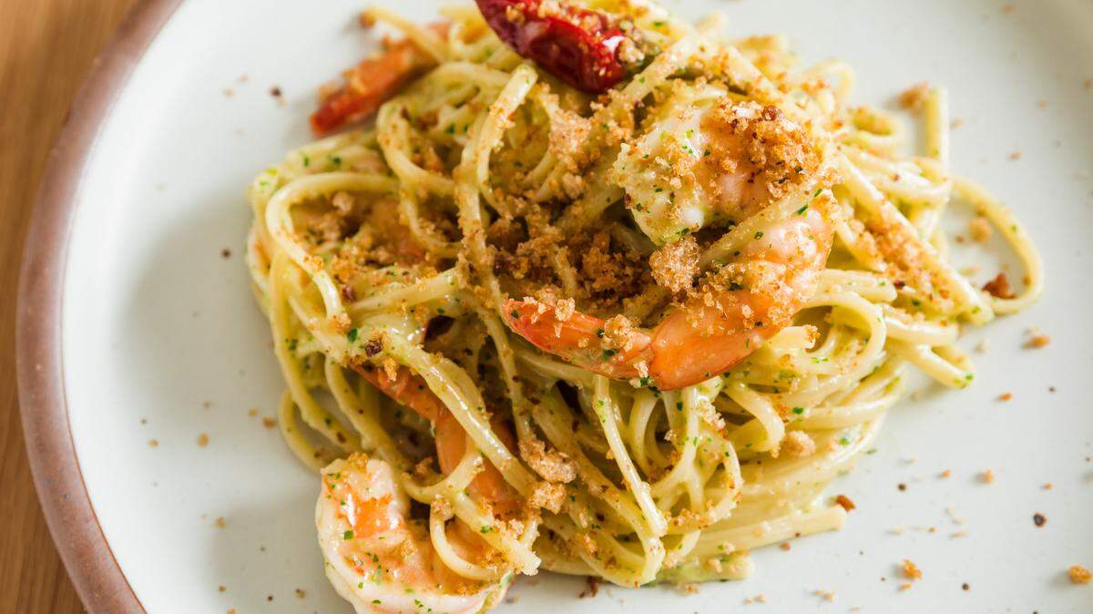 At The Jimmy, try the Linguini with North Carolina shrimp, celery leaf pesto and Calabrian chili.